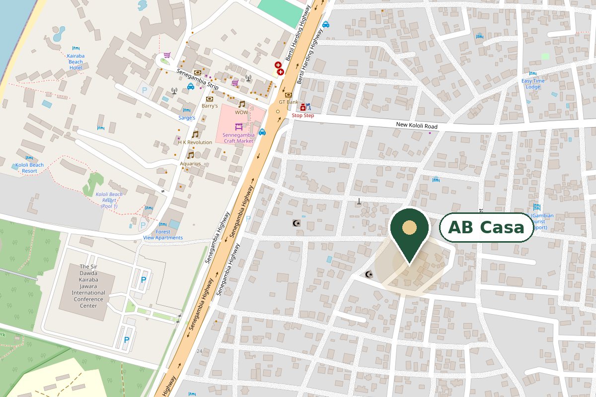 Map: AB Casa in Kerr Serign, east of the Senegambia Strip